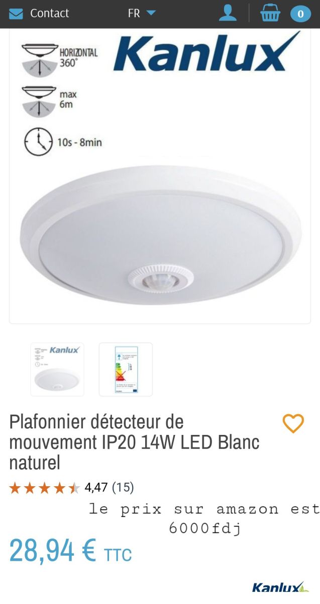 Plafonnier détecteur de mouvement IP20 14W LED Blanc naturel