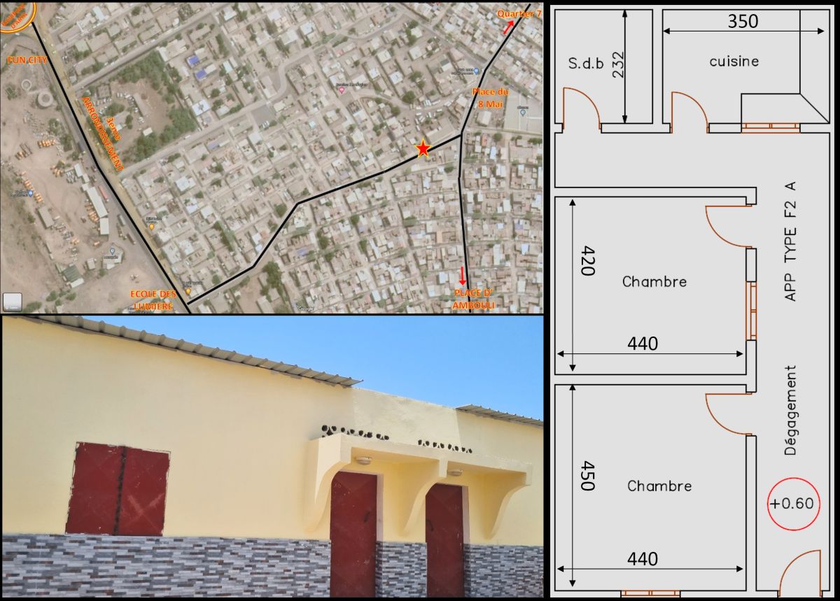 Maison F2 moderne avec terrasse et commodités à Cité-Progrès