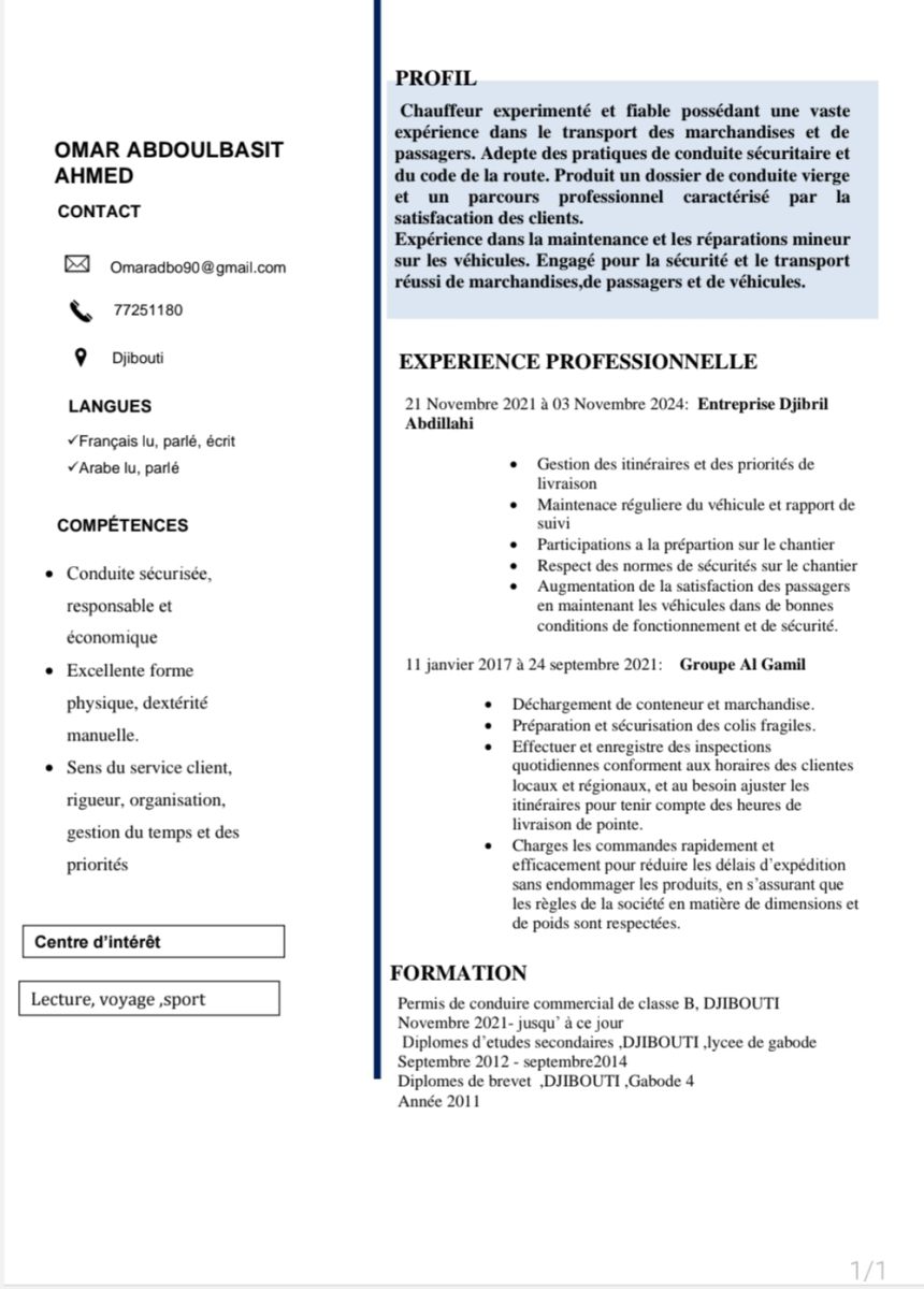 Chauffeur expérimenté, sérieux et ponctuel avec permis B et C