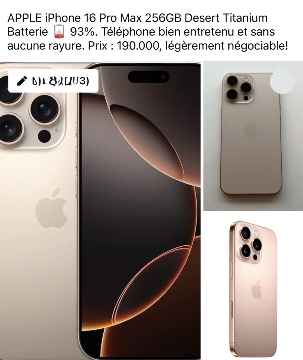 iPhone 16 Pro Max 256GB en titane du désert, batterie à 93%