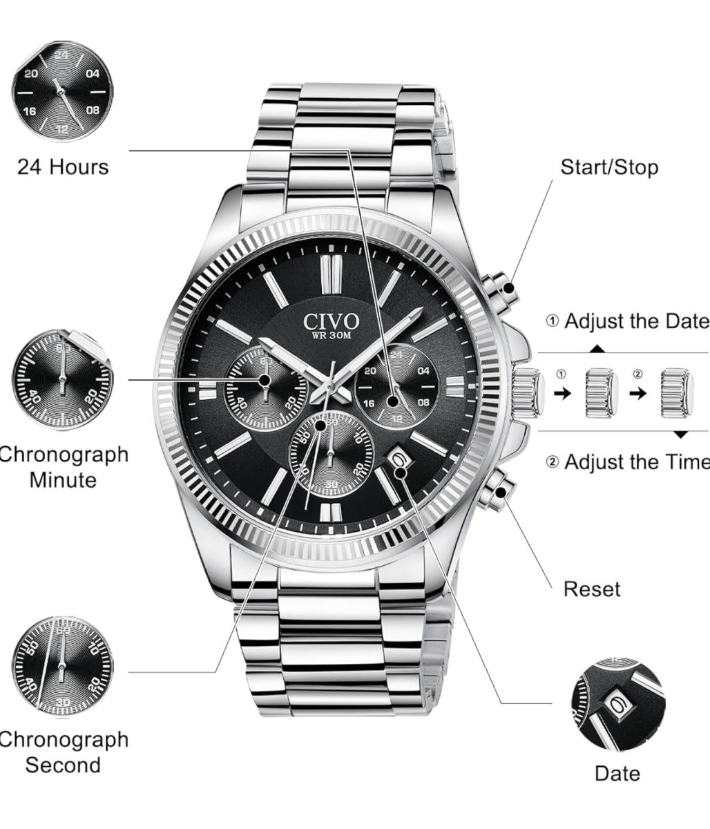 Montre Chronographe Homme CIVO - Argent, Acier Inoxydable, Quartz