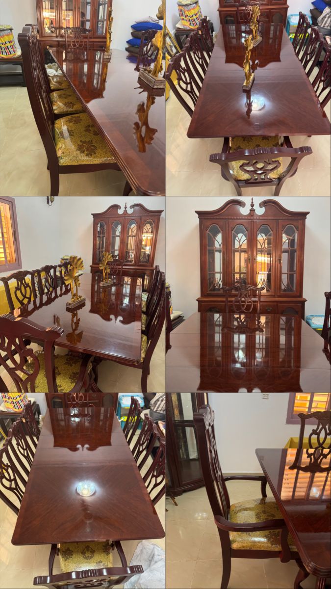 Ensemble salle à manger bois massif, table, 8 chaises, armoire vitrée