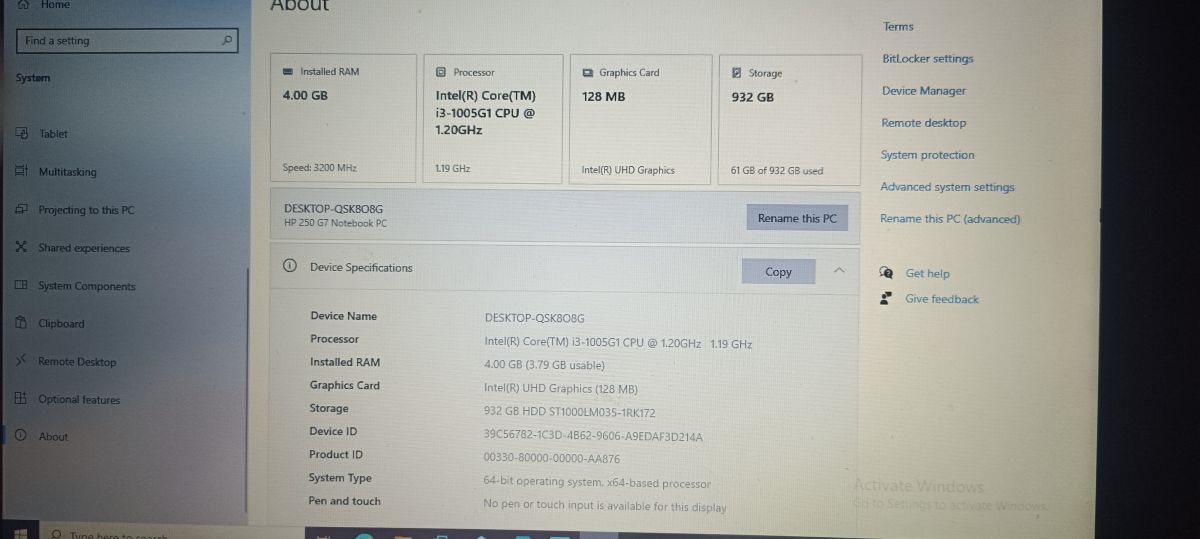 Ordinateur portable HP 250 G7, 4 GB RAM, Intel Core i3, 932 GB HDD