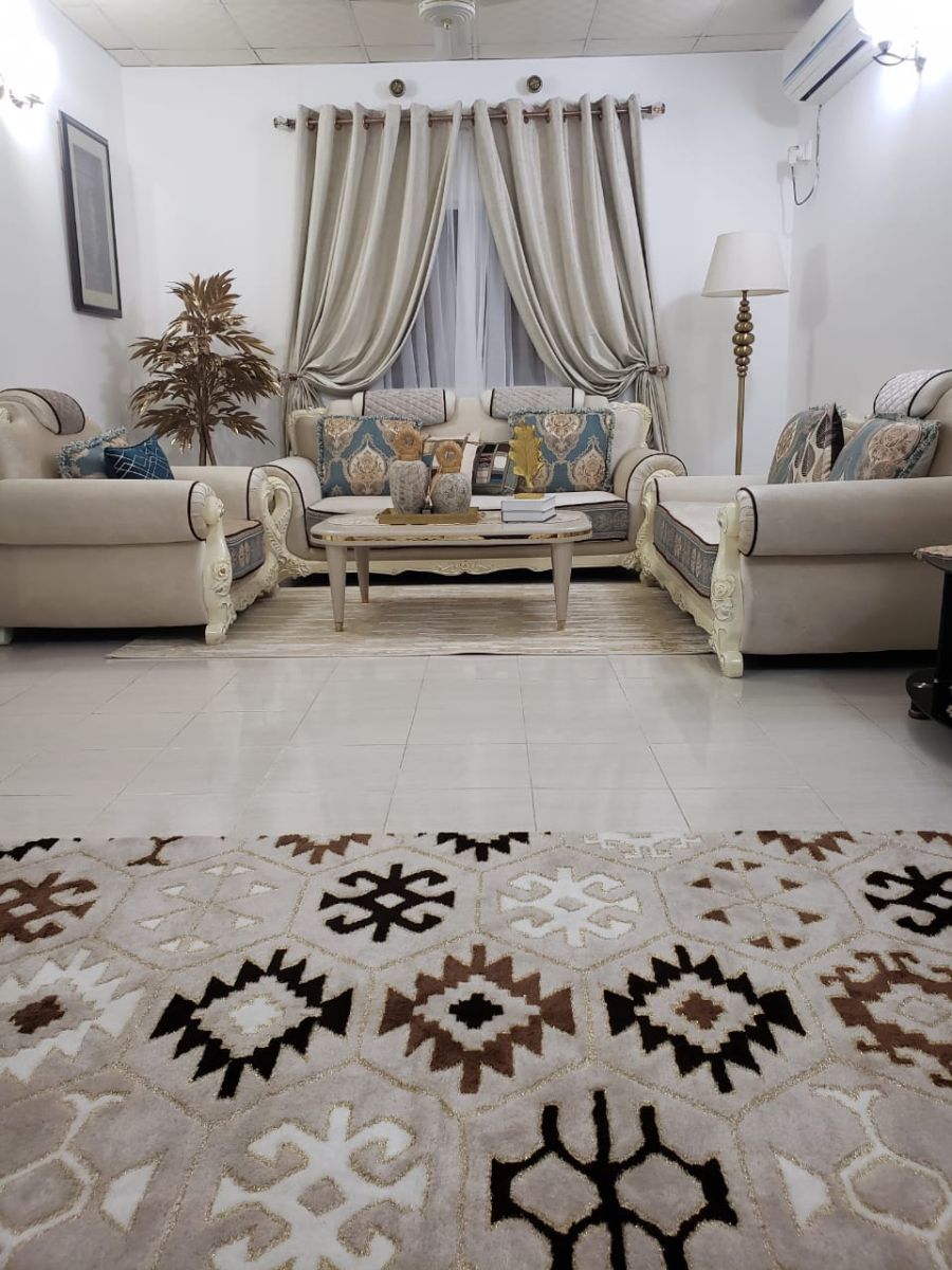 Salon avec tapis, rideaux et cadres en bonus