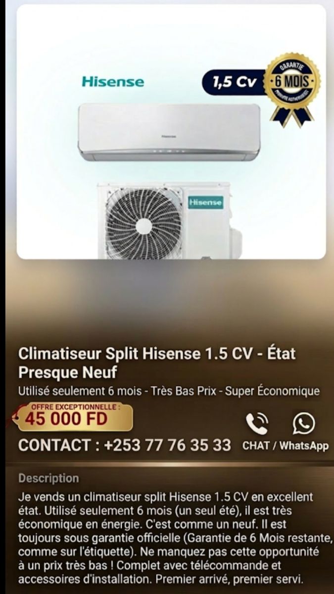 Hisense 1.5cv économique, état neuf, installation clim incluse