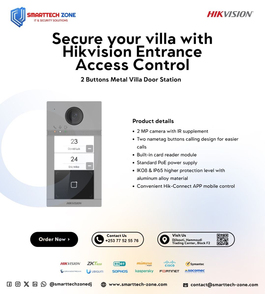 Interphone vidéo Hikvision pour villa – Station de porte métal 2 boutons avec caméra