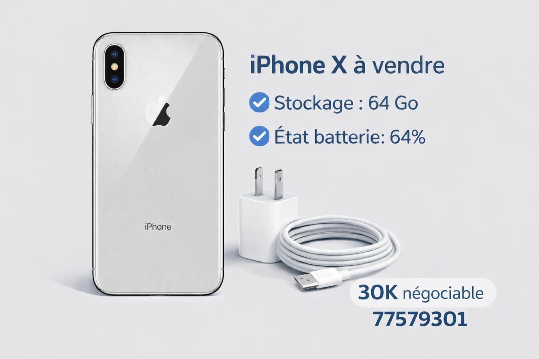 iPhone X 64 Go, Batterie 64%, Très bon état
