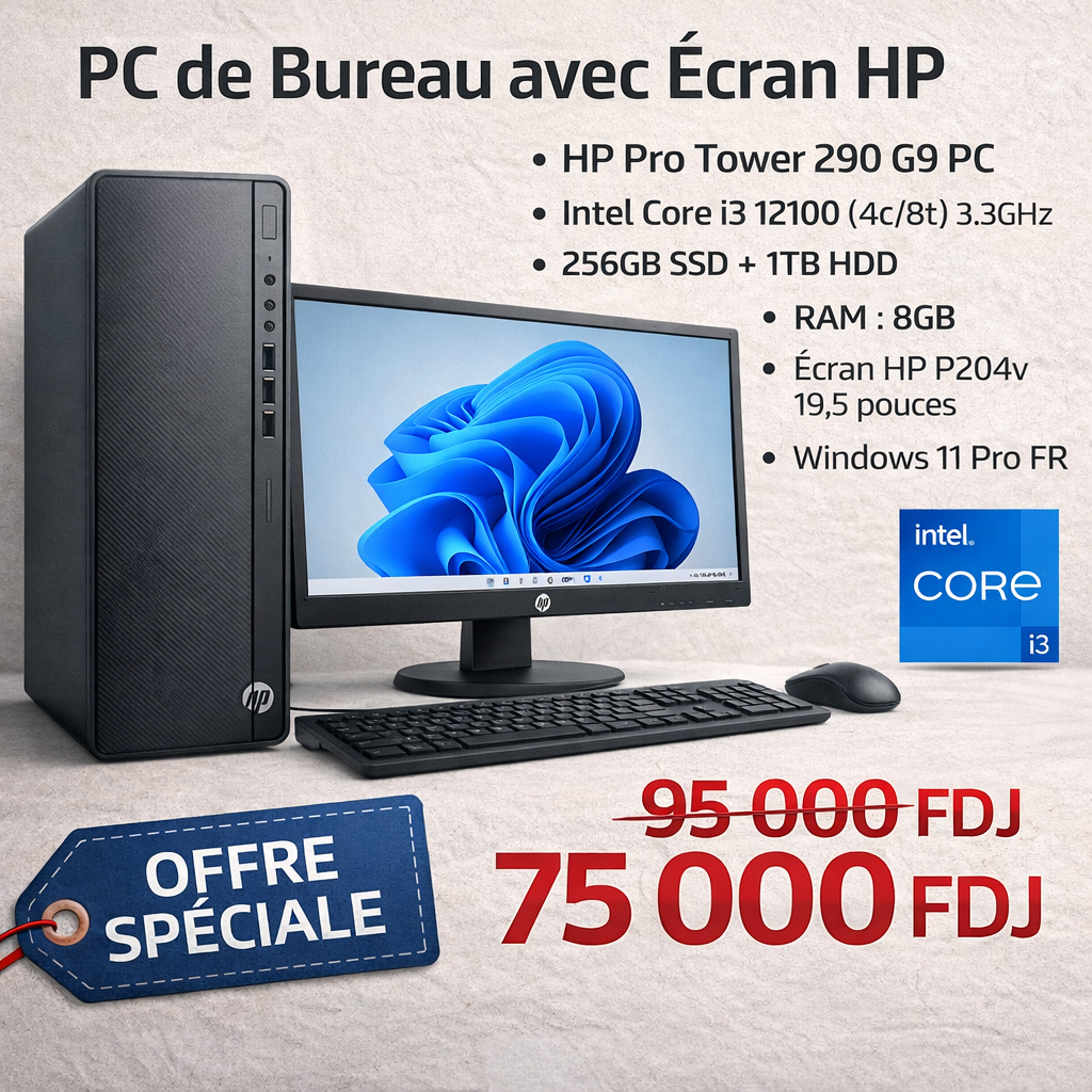 PC HP Complet avec Intel Core i3, 8GB RAM, et Écran HP 19.5 pouces