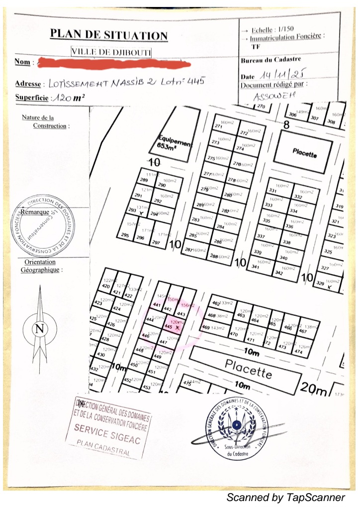 Terrain 120m² à Cité Nassib 2, Balbala - Titre foncier disponible