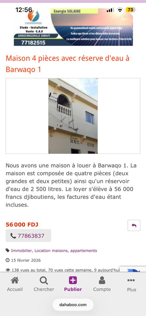 Maison 4 pièces avec réservoir d\'eau à louer à Barwaqo 1