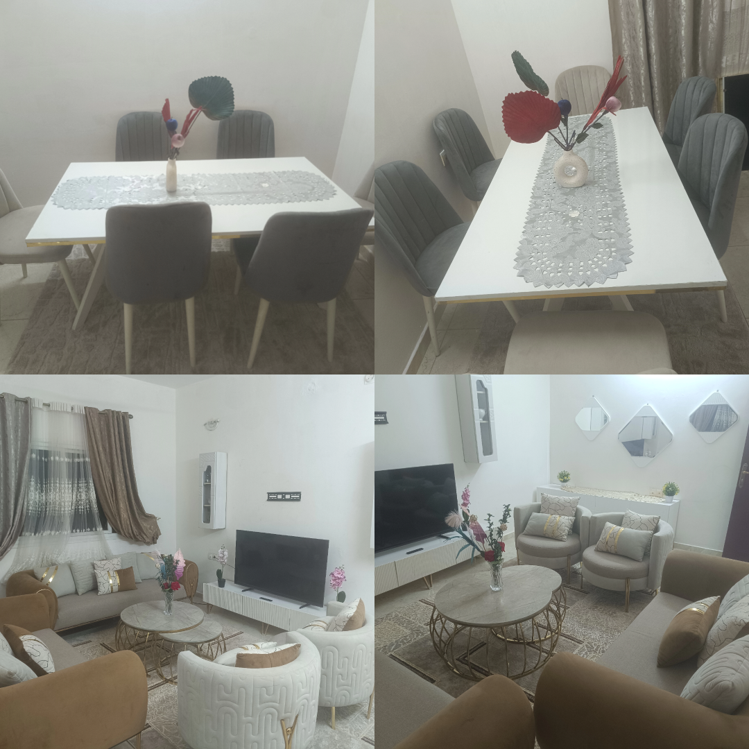 Salon, meuble TV, table à manger, buffet et table basse