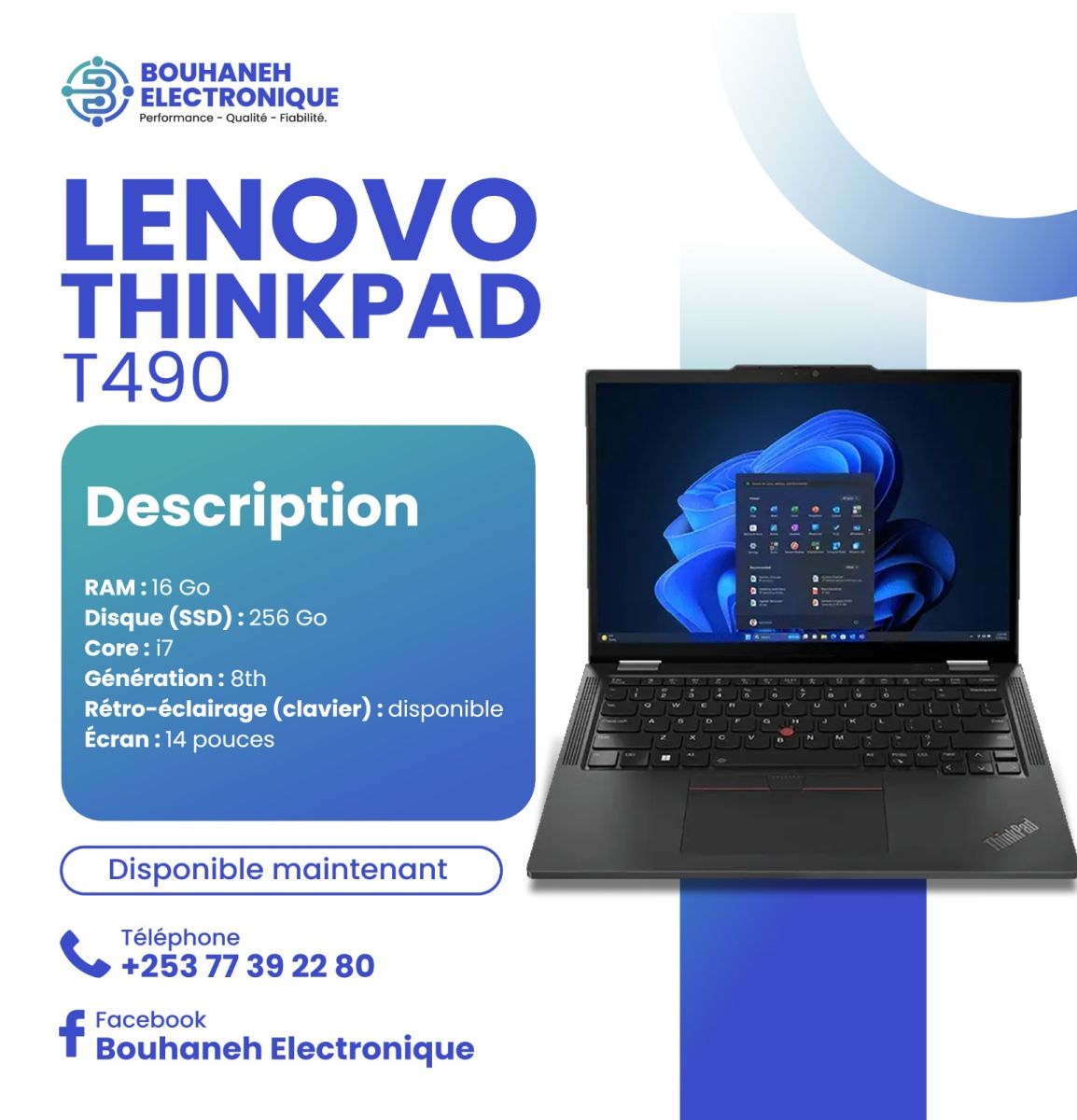 Lenovo ThinkPad T490 - Core i7 8ᵉ Gen + 16 Go RAM, SSD 256 Go