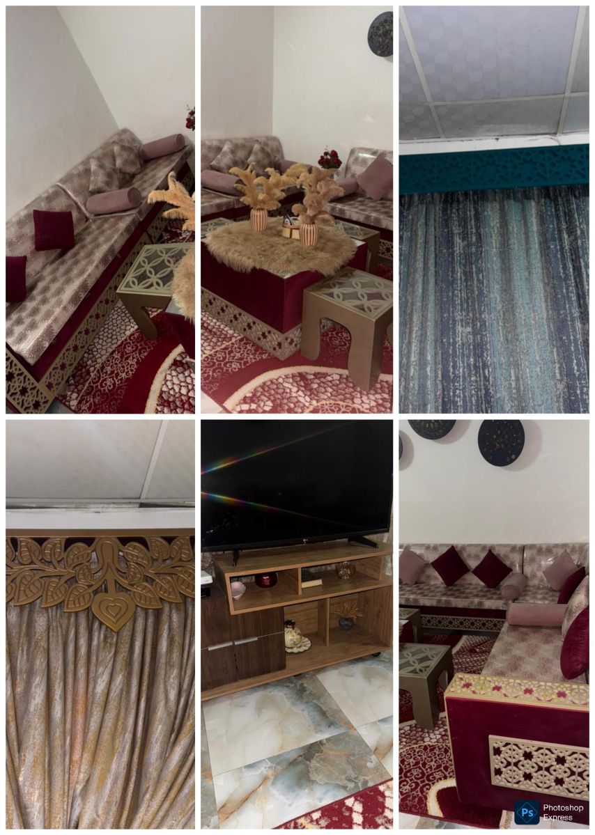 Salon neuf avec table TV et accessoires rideaux