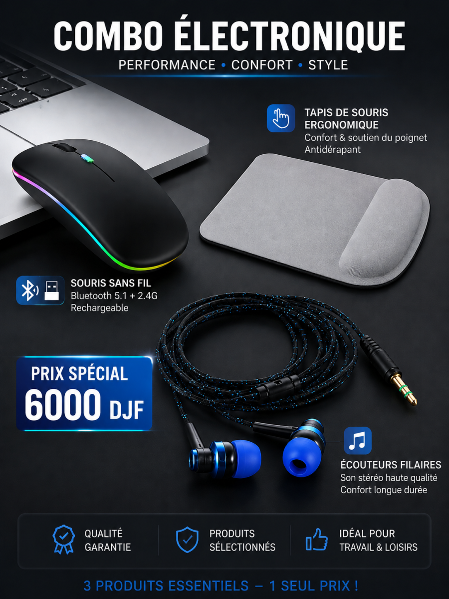 Pack électronique complet souris sans fil, tapis ergonomique, écouteurs