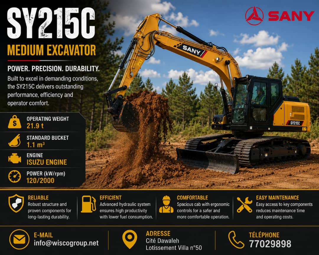 Excavatrice SANY SY215C – 21,9 T, godet 1,1 m³