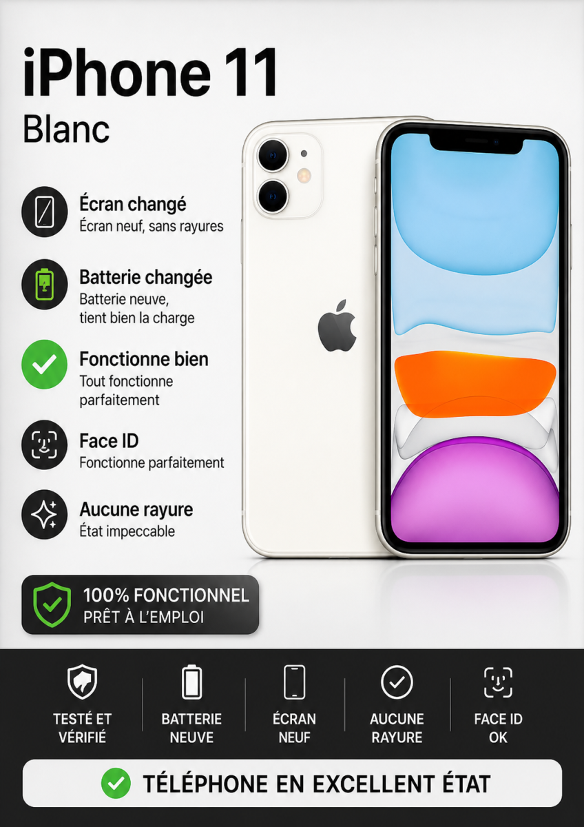 iPhone 11 en excellent état, batterie et écran neufs