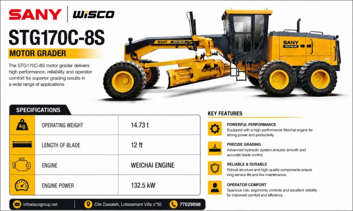 Niveleuse SANY STG170C-8S pour travaux routiers