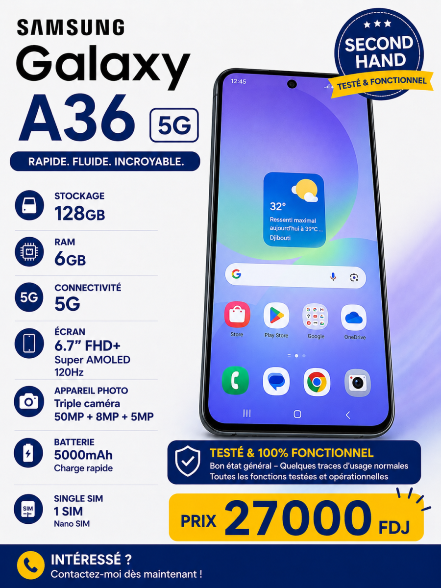 Samsung Galaxy A36 128 Go, 6 Go RAM, état neuf