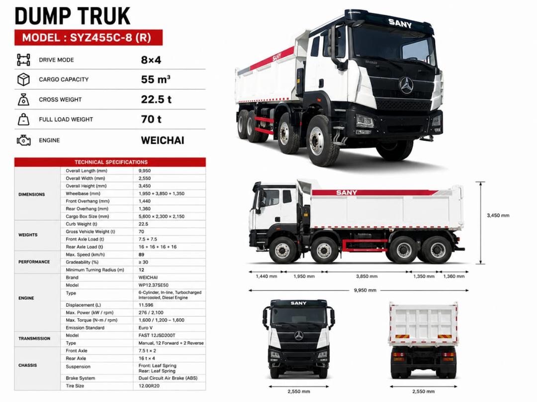 Camion benne SANY SYZ455C-8R 8x4 grande capacité