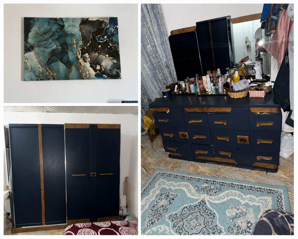 Chambre à coucher complète avec tapis et rideaux