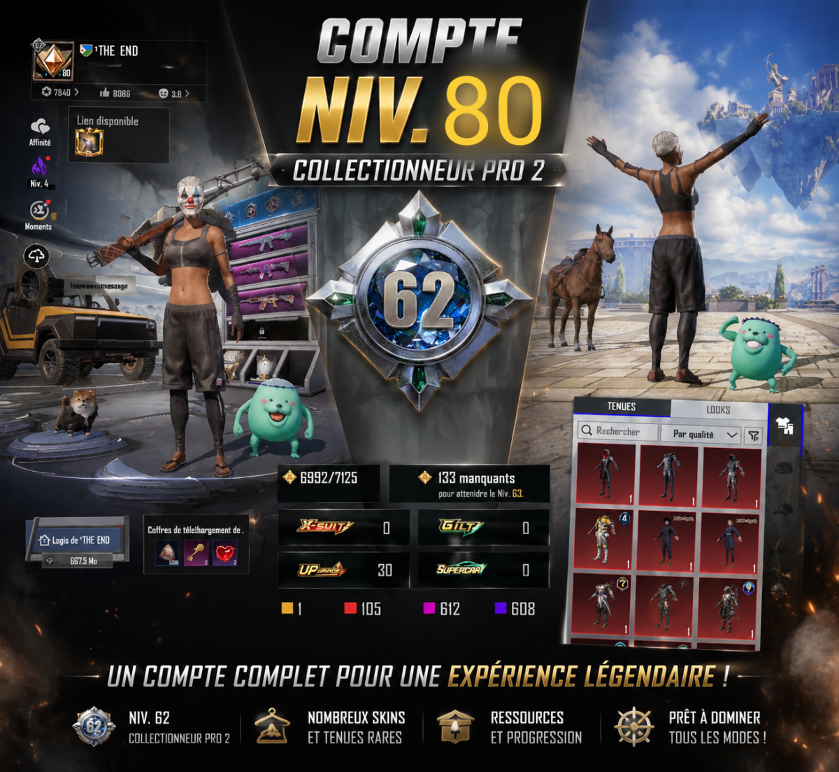Compte PUBG Mobile niveau 80 avec tenues et armes améliorées