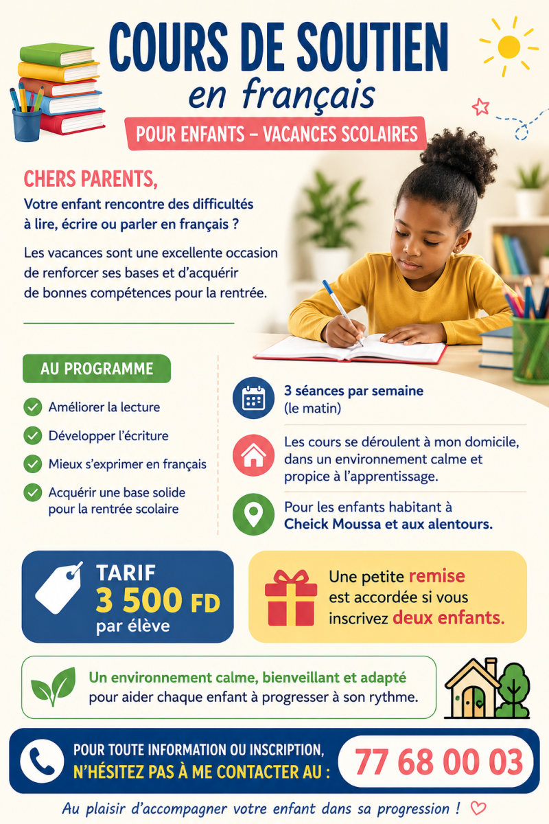 Cours de soutien en français pour enfants à Cheick Moussa été