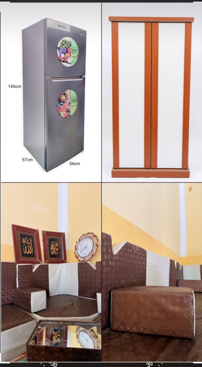 Armoire 2m, frigo et canapé en U avec accessoires