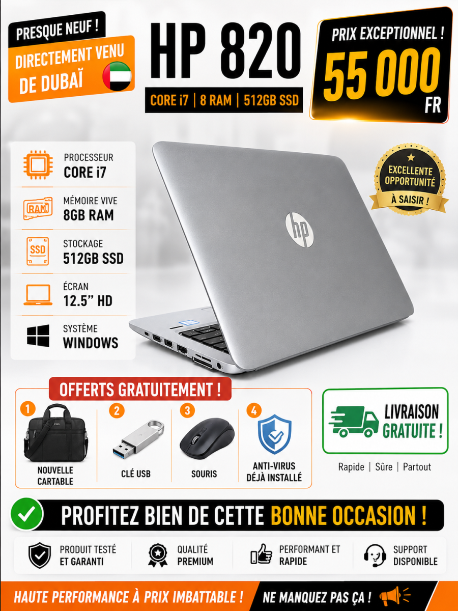 HP EliteBook 820 Core i7, 8 Go RAM, SSD 512 Go presque neuf