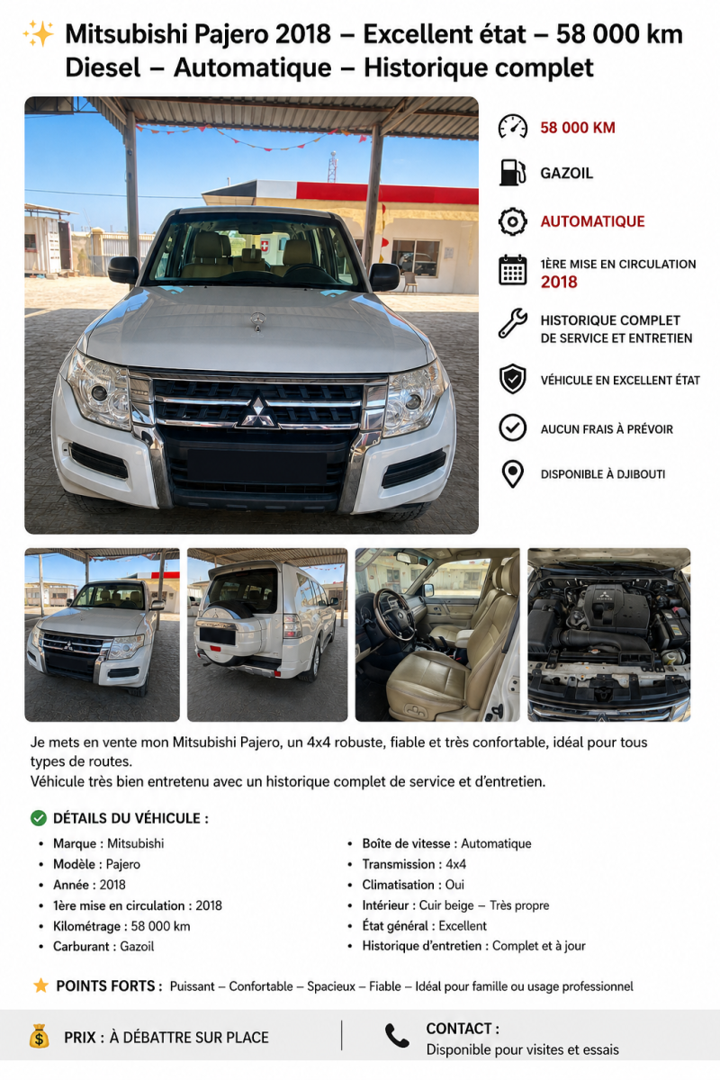 Mitsubishi Pajero 2018 diesel boîte automatique bien entretenu