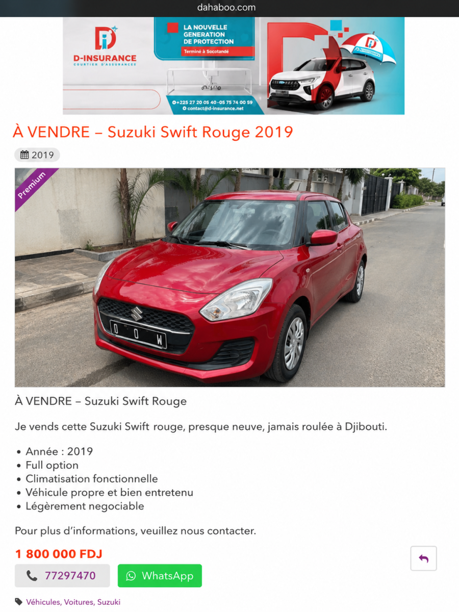 Suzuki Swift 2019 Rouge, full options, excellent état