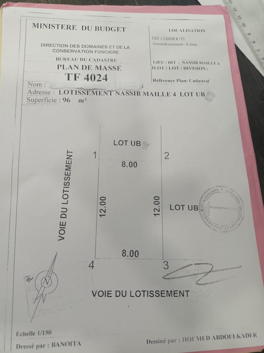 Terrain 96 m² avec titre foncier à Cité Nassib 2 Balbala