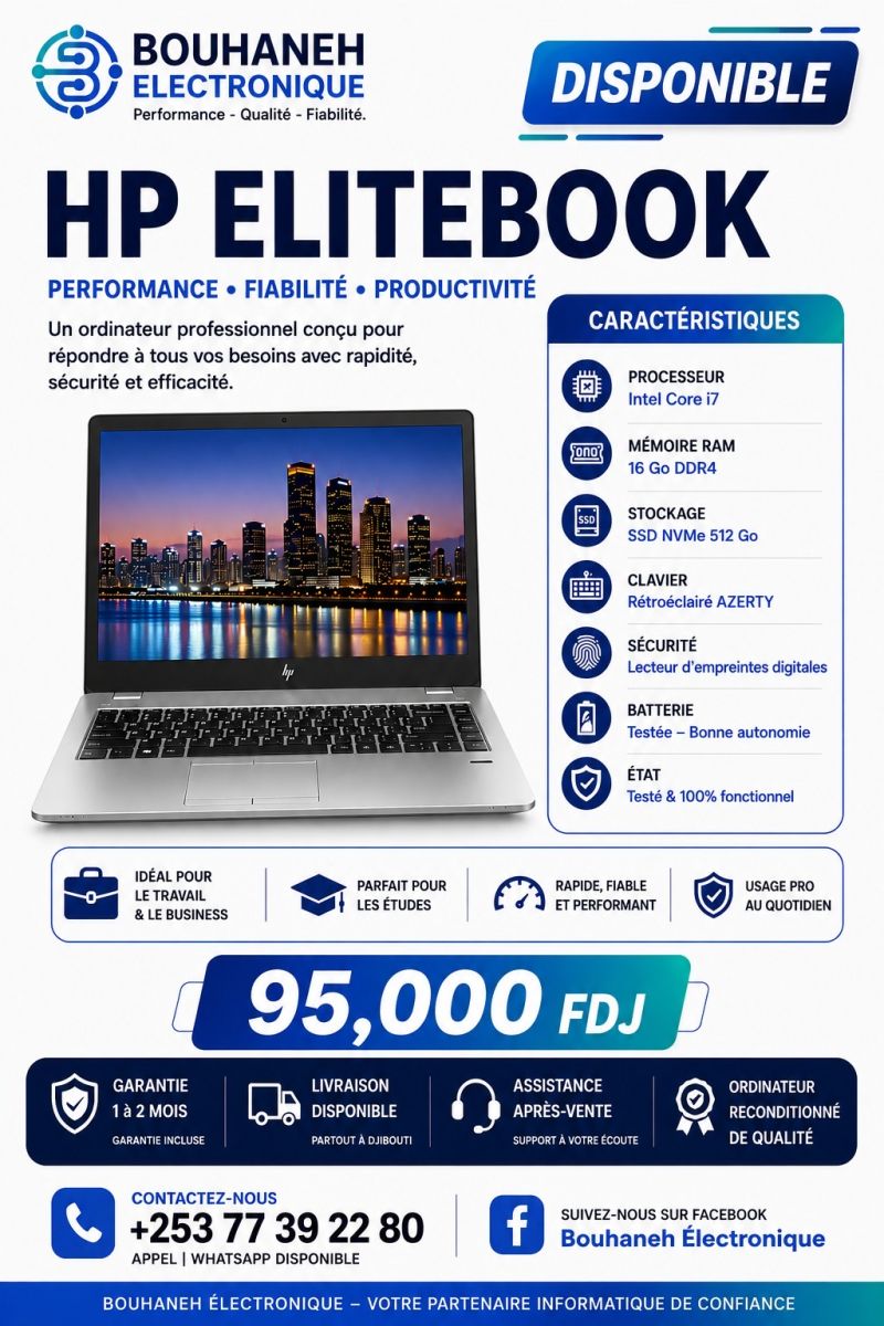 HP EliteBook i7, 16 Go RAM, SSD 512 Go, clavier rétroéclairé