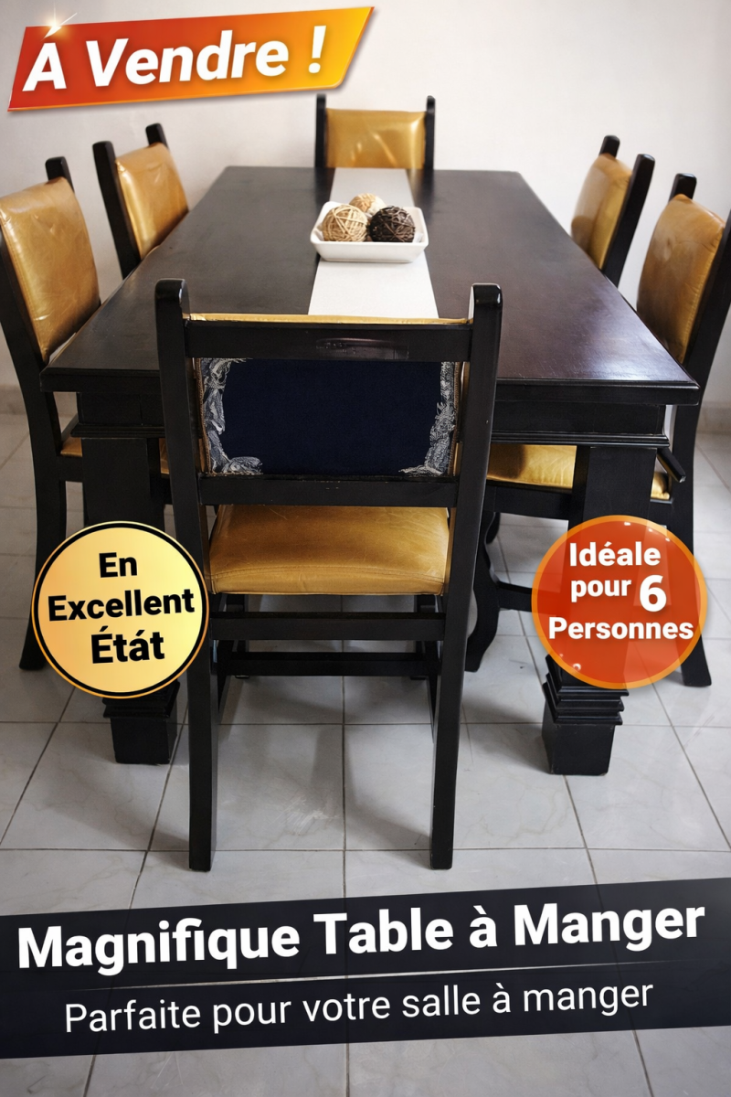 Table à manger rectangulaire bois foncé avec 6 chaises rembourrées
