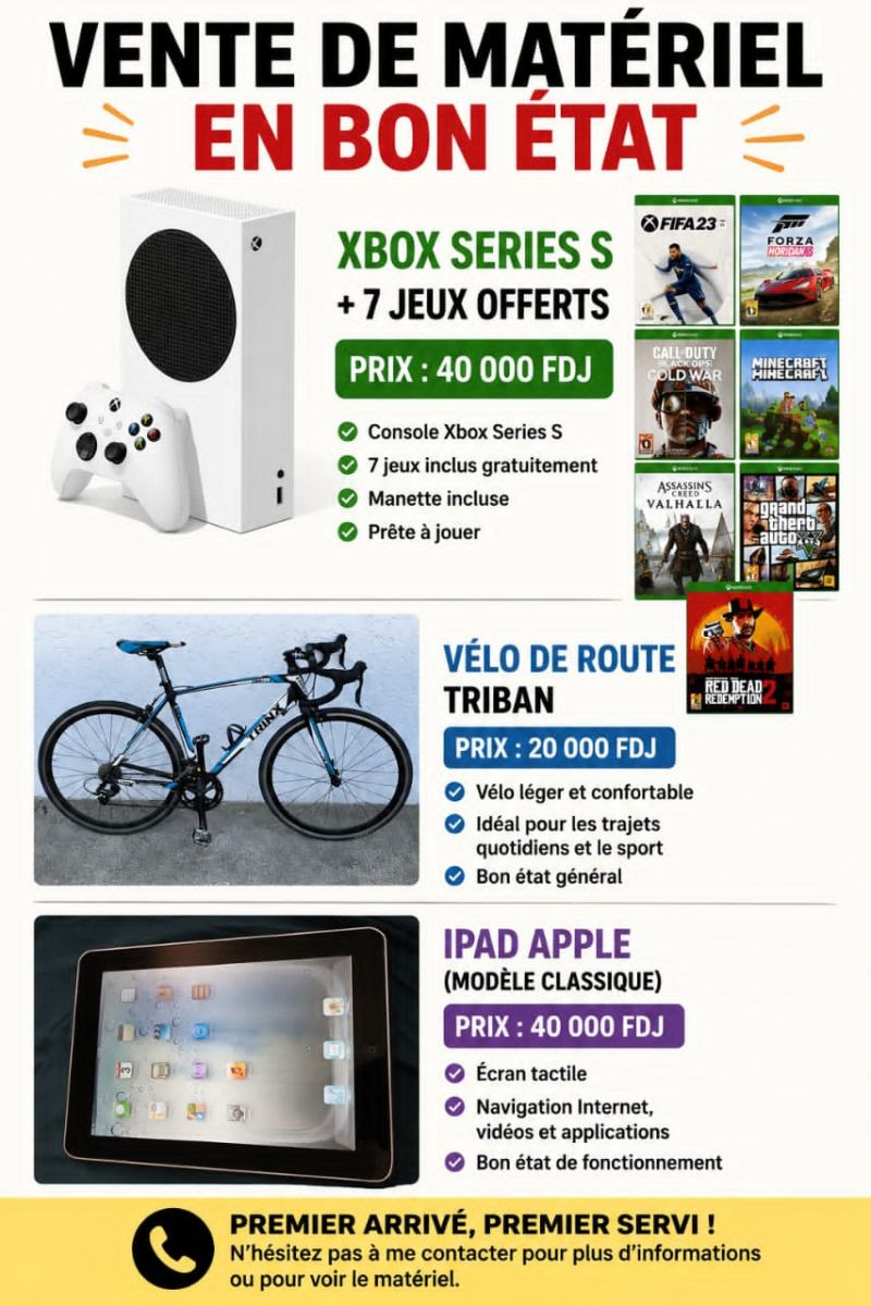 Vélo de route, Xbox Series S et iPad en bon état