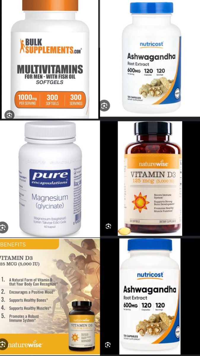 Compléments vitaminiques D3, magnésium, ashwagandha et multivitamines