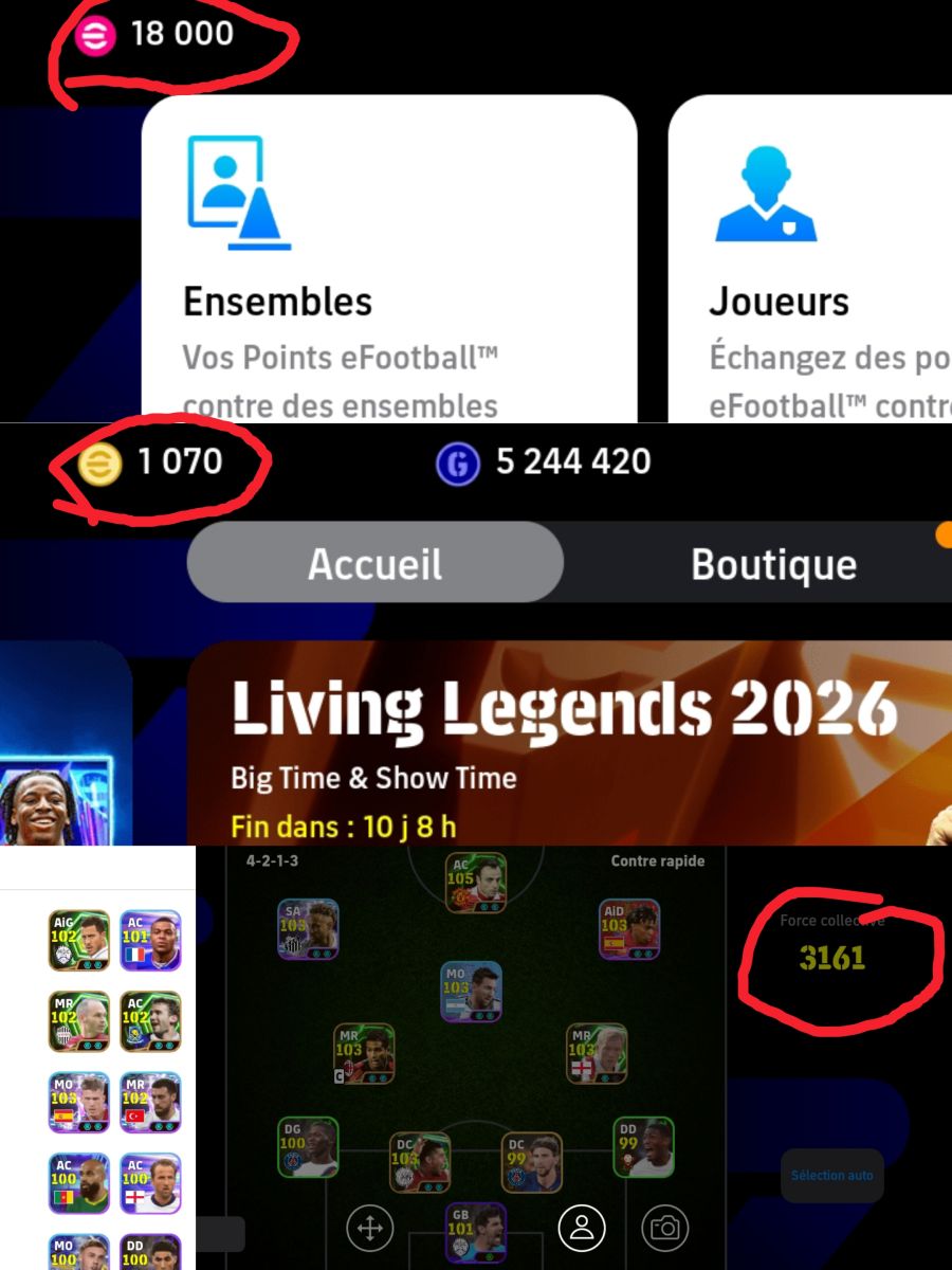 Compte eFootball Mobile avec points et force collective élevée