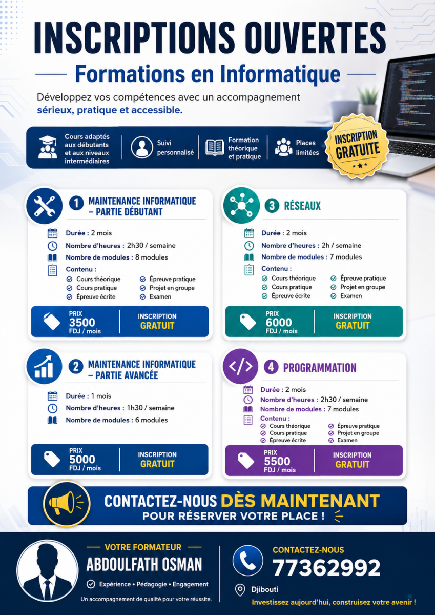 Formation informatique complète à Djibouti maintenance et programmation