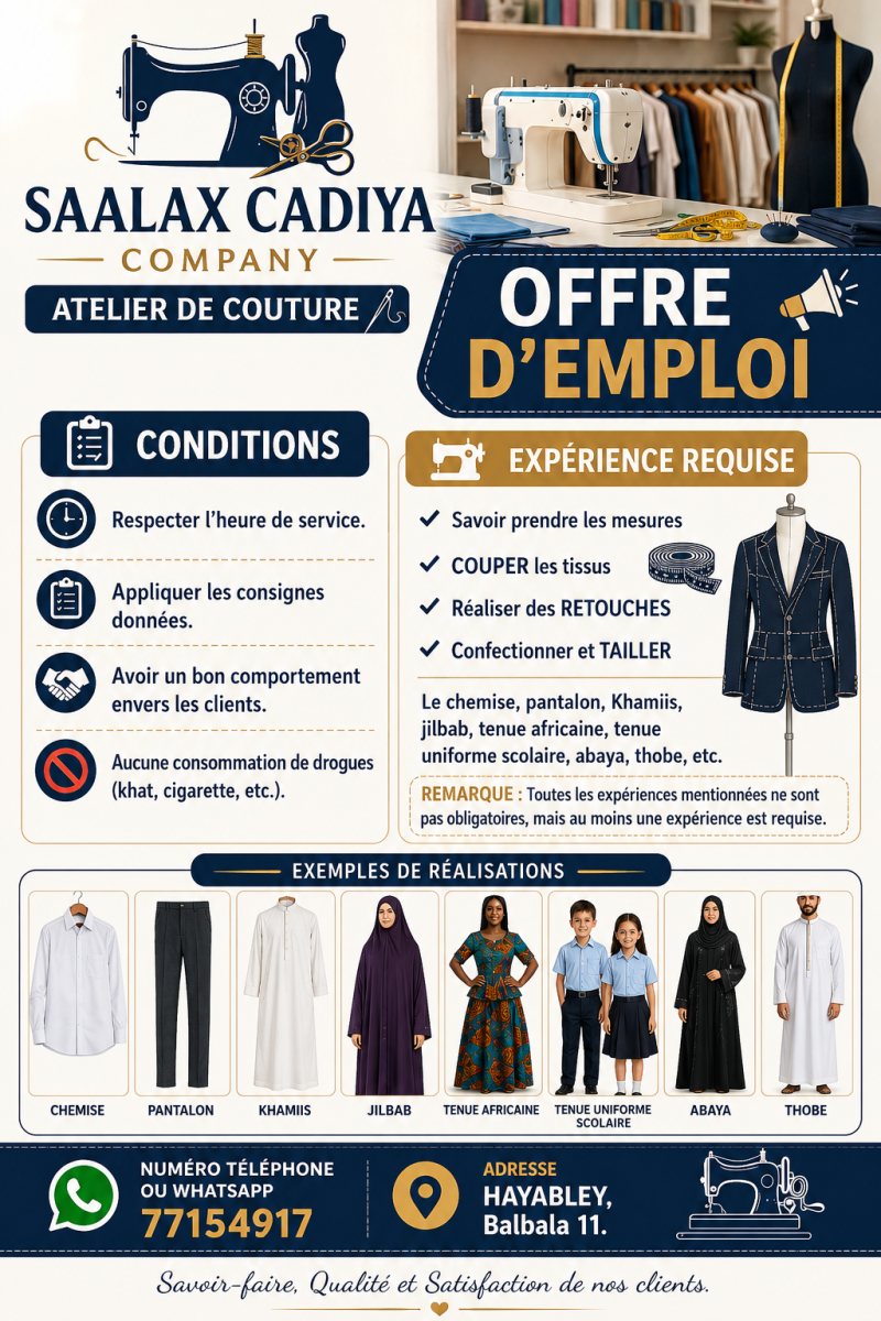 Offre d\'emploi tailleur/tailleuse expérimenté(e) à Balbala