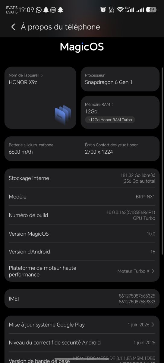 Honor X9c 256 Go, 12 Go RAM, quasi neuf, 3 mois d\'utilisation