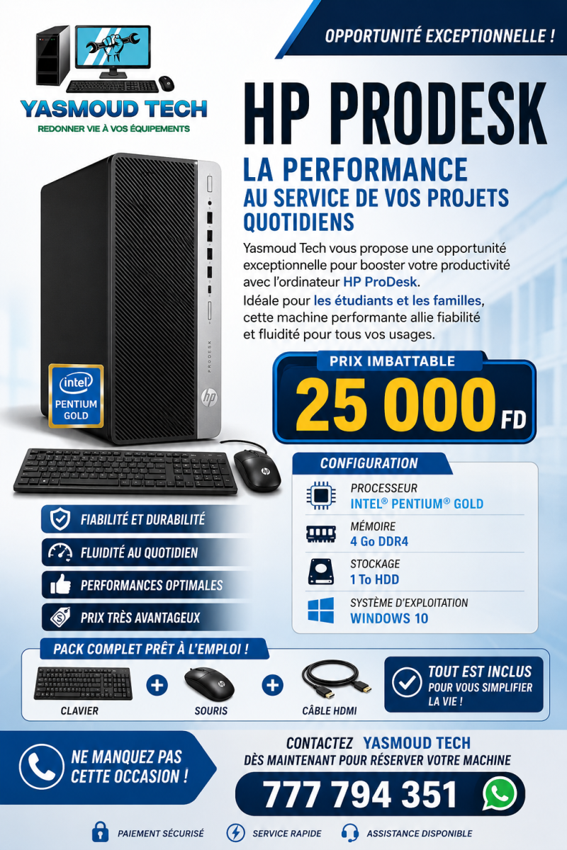 HP ProDesk Pentium Gold, 4 Go RAM, 1 To HDD avec accessoires