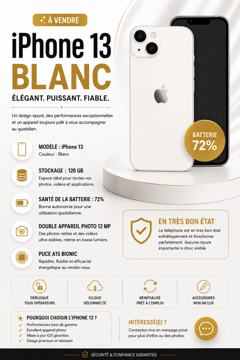 iPhone 13 blanc 128 Go batterie 72% en bon état