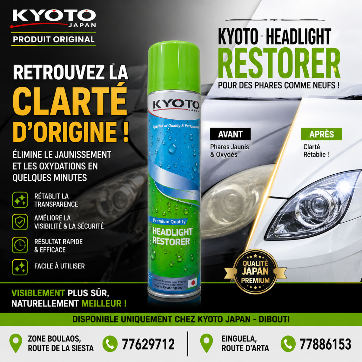 KYOTO Headlight Restorer rénovateur rapide pour phares ternes
