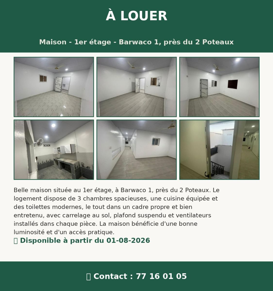 Appartement F3 lumineux avec 3 chambres à Barwaqo 1