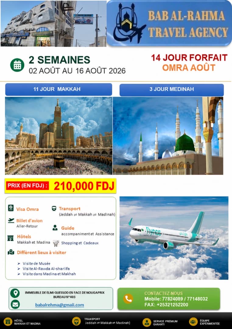 Omra août 2026 – Forfait 14 jours au départ de Djibouti