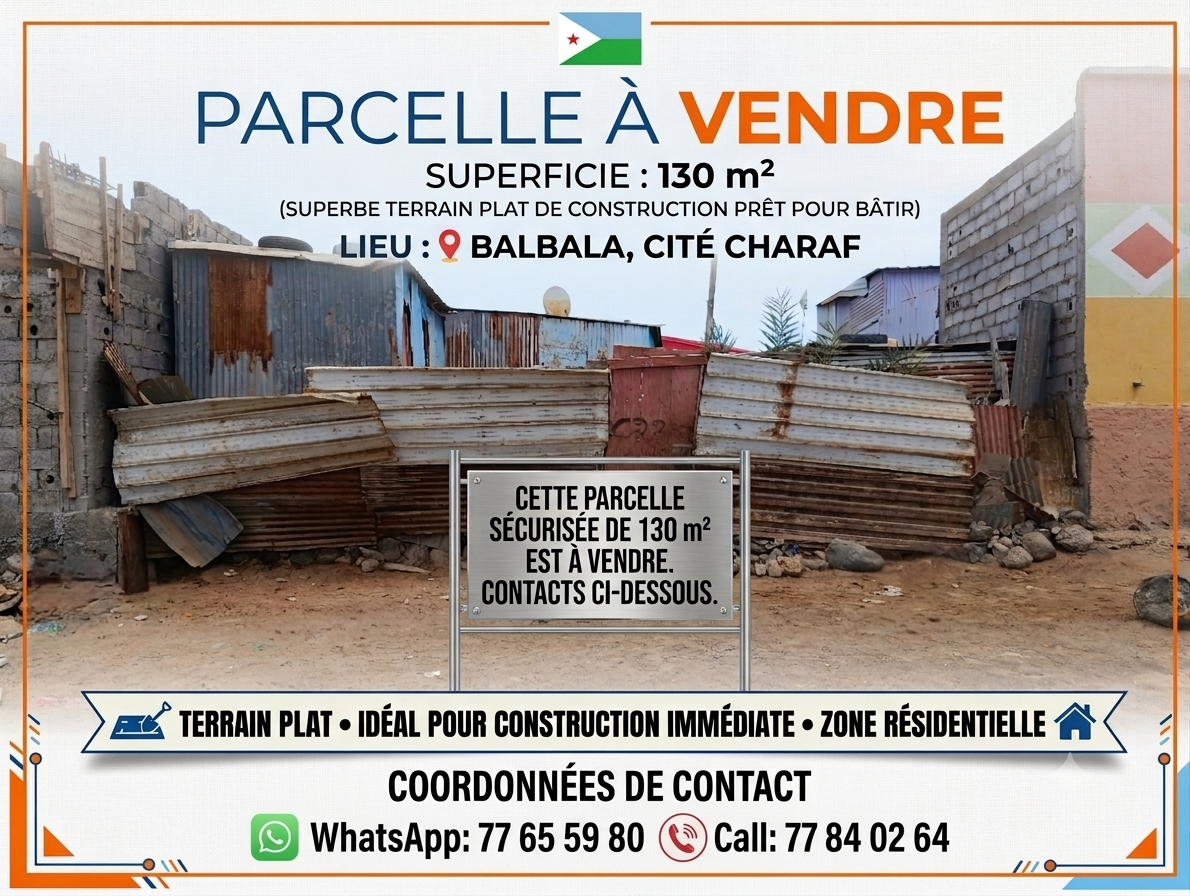 Parcelle 130 m² avec maison en tôle à Cité Charaf Balbala