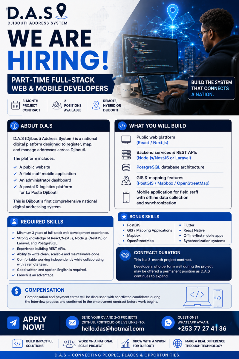 Part-Time Full-Stack Web & Mobile Developers (2 Positions) D.A.S (Djibouti Address System)