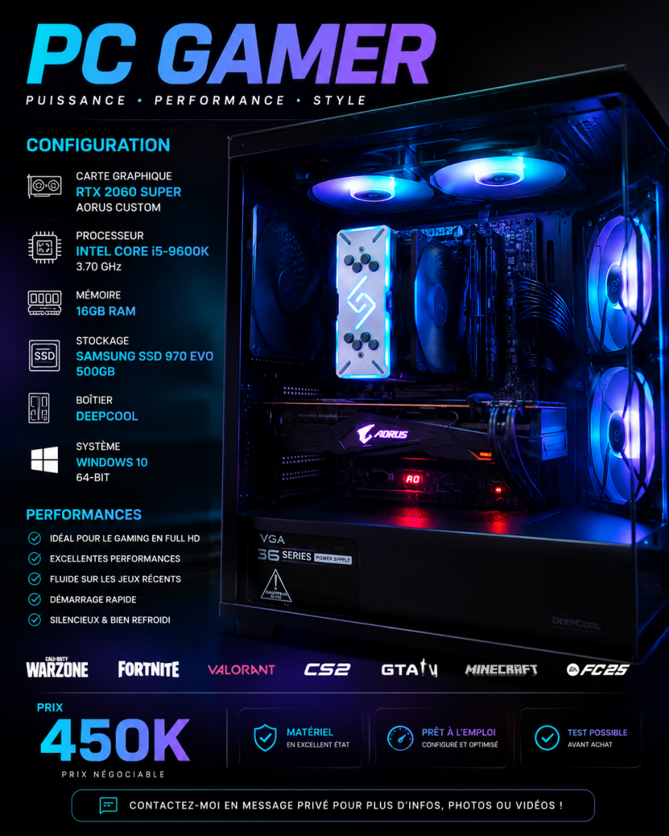 PC Gamer AORUS RTX 2060 Super i5-9600K 16 Go RAM SSD 500 Go