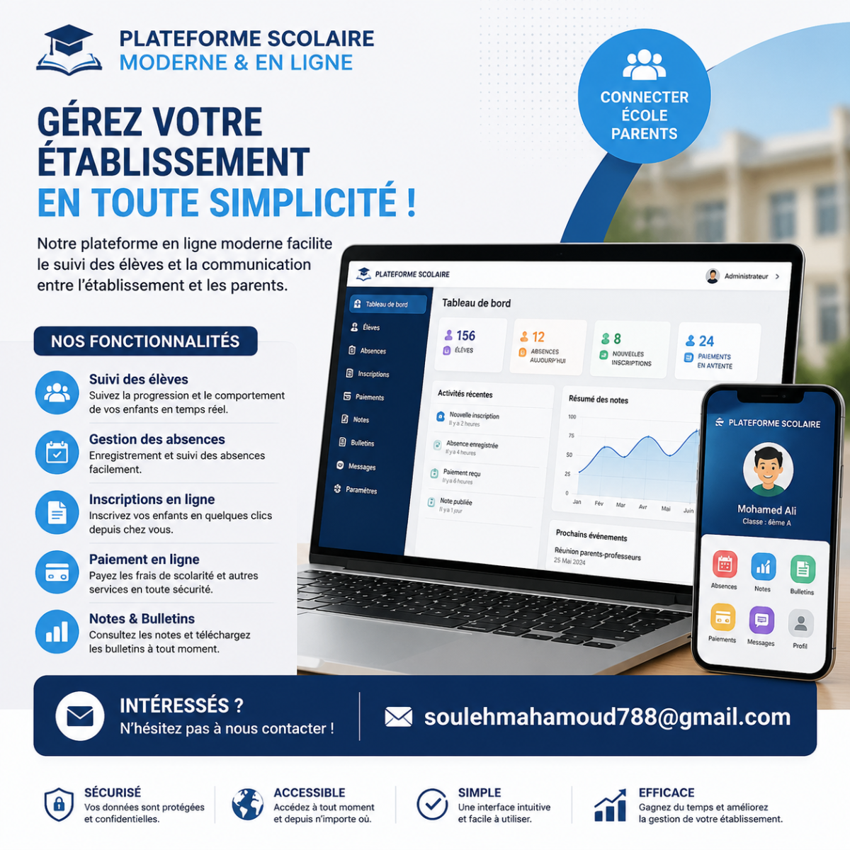 Plateforme scolaire en ligne pour gestion et suivi des élèves