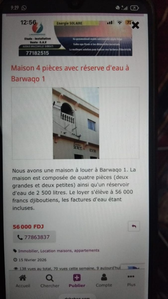 Maison 4 pièces avec réservoir d\'eau à Barwaqo 1
