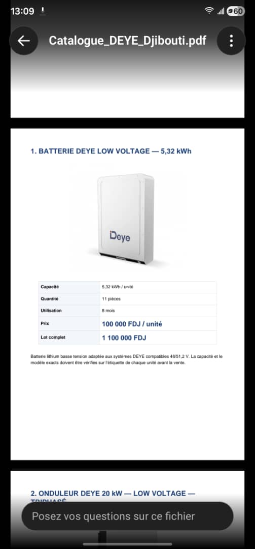 Onduleurs Deye 20 kW et batteries lithium 5,32 kWh